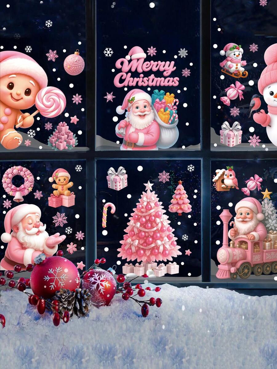 6pcs/1pc Pink Christmas Static-Cling Window Decals – Suitable For Decorating Walls, Windows, And Glass Surfaces; Perfect For Christmas Home Decor And Party Setups. - Multicolor - View 1