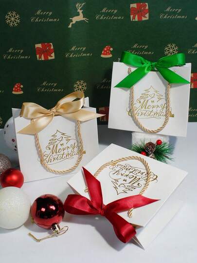 5pcs Luxury Christmas Gift Box With Rope Handle And Satin Ribbon, Elegant Holiday Favor Packaging For Party Table Decor, Reusable Present Bag For Seasonal Gifting, Christmas Eve Box, Jewelry Packaging, Small Gift Wrap With Festive Design
