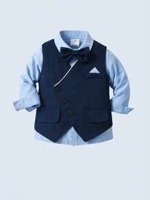 BOARNSEORL Baby Boys 3-Piece Gentleman Outfit - Long Sleeve Shirt, Vest With Bow Tie, And Pants, Fashionable And Dapper For Birthday Party, Christmas Party, Wedding, Baby Shower, Anniversary - Navy Blue - View 2