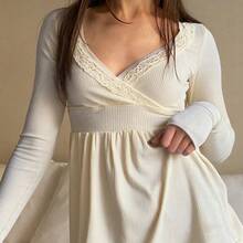 Women Y2k V Neck Lace Trim Long Sleeve Shirt Fairycore Slim Fit Ruffle Ribbed Knit Peplum Top Aesthetic Fall Clothes - trắng - Xem 6