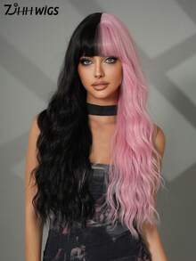 7JHH WIGS Stylish Half Black Half Pink Wigs Extra Long Wavy Wig With Bangs, High Density Heat-Resistant Fiber Hair, Fluffy Natural Synthetic Wave Curly Wigs For Women Halloween Party Use 28 Inch Cosplay Costume Wig Accessories - 拼色 - 查看 4