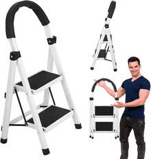 Escalera de Tijera de 2 Peldaños, Escalera Tubular, Escalera Plegable Hecha de Acero Inoxidable, Escalones y Patas Antideslizantes, Altura Maxima 88cm Color Blanco/Negro (2 Peldaños) - 2 Peldaños - Ver 13