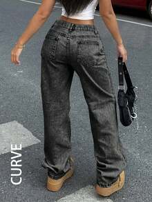 Medium Waist Women's Wide Leg Jeans In Plus Size, Straight Leg Shape, Loose Elastic, Comfortable, Classic And Casual With Pockets(The Size Is Too Large, It Is Recommended To Take A Smaller Size) - 灰色 - 查看 2
