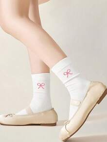 1/3/5/10/15/20双装 女士纯色甜美粉色蝴蝶结舒适简约产后袜，吸湿排汗中筒袜