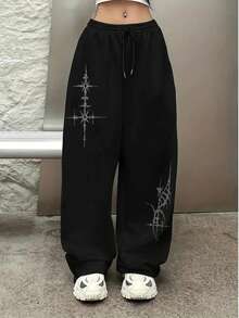 Calça Moletom Feminina Wide Leg Estilosa Gotica Versatil Punk Tendencia Moda Teen Jovem Despojada Trabalho Escola Passeios