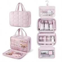Travel Toiletry Bag With Jewelry Organizer, Hanging Travel Bag For Toiletries, Puffy Makeup Cosmetic Bag Organizer, Carry-On Travel Accessories Essentials - Hồng - Xem 9