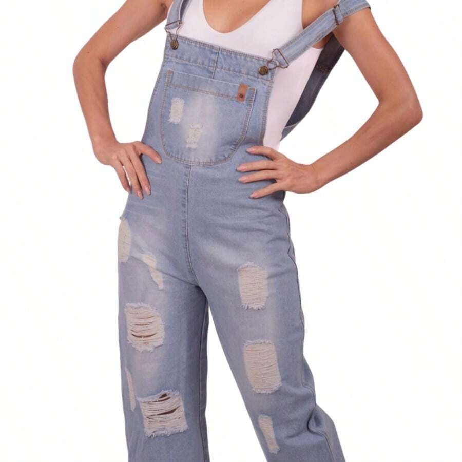 P J PINEDA JEANS Casual Ripped Rigid Denim Straight Cut Overall Jumper