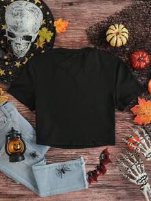 Camiseta de Mujer de Cuello Redondo y Mangas Cortas DiseñoCalabaza comiendo Fantasmas incluye algodón - Negro - Ver 2