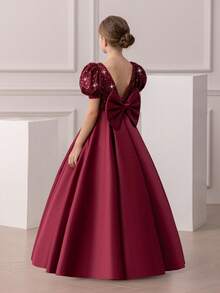 少女圣诞节优雅亮片露背 V 领泡泡袖公主裙，适合女孩生日派对、婚礼、花童、舞会、节日场合 - 酒紅色 - 查看 1