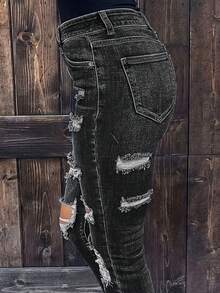 Women's High Waisted Jeans With Holes, Tight Fitting Stretch Jeans, Distressed And Hip Lifting Jeans - 黑色 - 查看 4