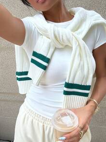 Women's Striped V-Neck Twist Cable Pattern Pullover Sweater, Comfortable College Style Long Sleeve