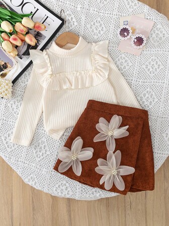 Set de 2 piezas: Blusa de manga larga con cuello alto y volantes + Falda pantalón de pana con bordado floral 3D elegante para niñas pequeñas de estilo casual y de moda