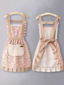 1pcs Cute Japanese Apron Maid Skirt Belt Kitchen Home Restaurant Workwear Women Coffee Workwear Apron, Home Work Adjustable Apron Floral Print Cake Kitchen Cooking Women Girls Apron With Pockets, Scrub Resistant Durable Wear Resistant Suitable For Kitchen Home And Work Apron Pretty Apron Kitchen - 粉色 - 查看 2