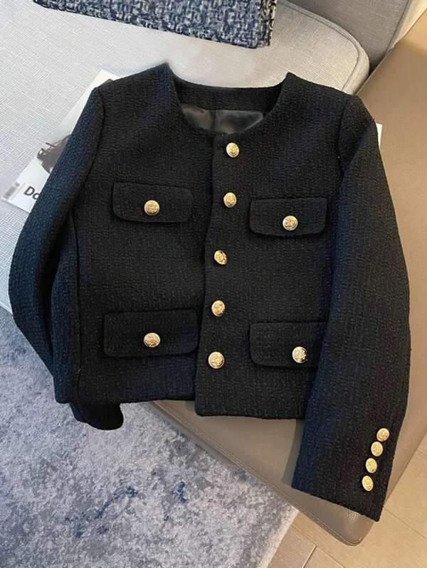 Conjunto de blazer y minifalda de lana delgada con abertura y estampado a cuadros para mujer, para oficina/uso diario