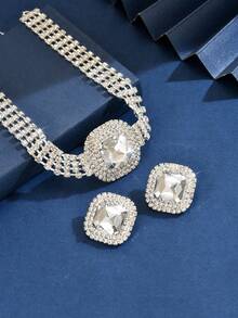 3 Stücke Braut Hochzeit Halskette Ohrringe Set, geometrischer vollständig mit Diamanten besetzter großer quadratischer Choker Halskette, Damen Party Abend Schmuckset - Verschiedenfarbig - Übersicht 3