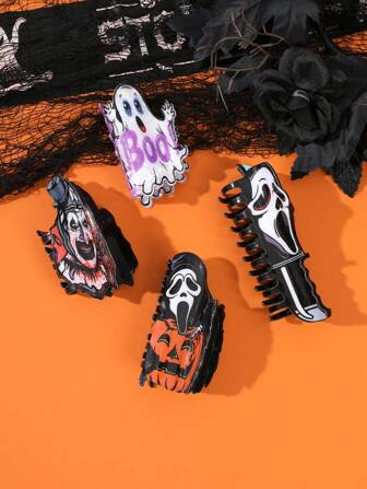 1 pieza Nuevo accesorio para el cabello tipo pinza con estampado de calabaza, fantasma y calavera estilo europeo y americano, pinza de garra de tiburón adecuada para peinados diarios y festivos, accesorios de moda para el cabello, pinza de cabello de otoño, pinza de cabello de invierno para atuendos de vacaciones para mujer, flor de clip para el cabello