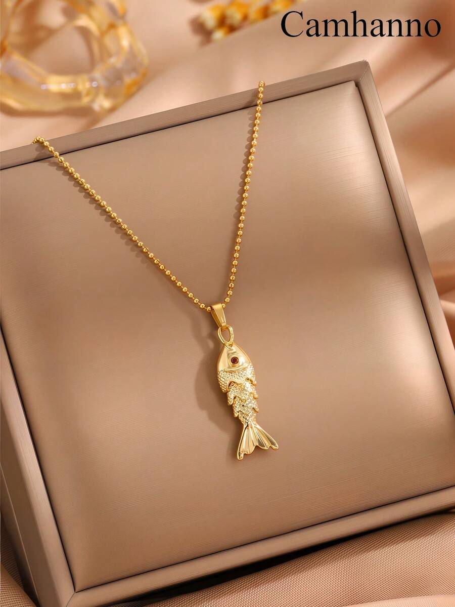 Camhanno 1 Piece Elegant Stainless Steel Bead Small Fish Pendant Necklace For Daily Wear And Parties, Ideal Holiday And Birthday Gift - Gold - View 1