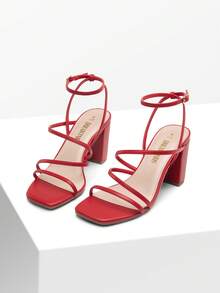 Women Wide-Fit Chunky Block High Heeled Sandals, Fashion Thin Strap Open Toe High Heeled Sandals Wedding Party Dress Shoes - 紅色 - 查看 5