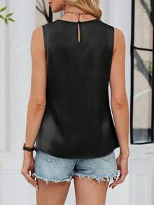 Solid Color Satin Sleeveless Top, Elegant Casual Style, Featuring Pleated Neckline And Flowy Fit, Ideal For Daily Wear, Office Looks, And Weekend Outings - Black - View 4