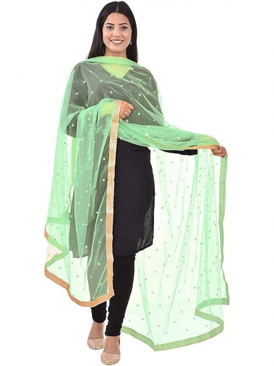 Woman's Embellished Net Dupatta Scarf Shawl Wrap Soft Bridal Wedding - Light Green - 查看 1
