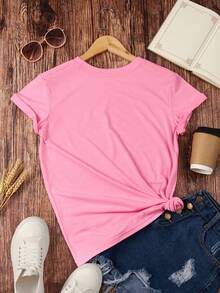 Playera camiseta básica mujer dama cuello redondo manga corta estampado corazón mastra utilies parte superior elástica de poliéster primavera/verano uso diario material no transparente - Rosa - Ver 2