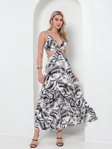 Dress With Elastane At The Back, You Can Tie It At The Back With A Print - 黑色 - 查看 3