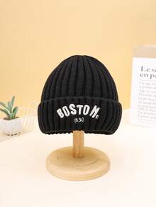 1 件儿童保暖针织帽，带 BOSTON 1630 刺绣标志，滑雪保暖翻边针织帽，适合男孩和女孩，秋冬