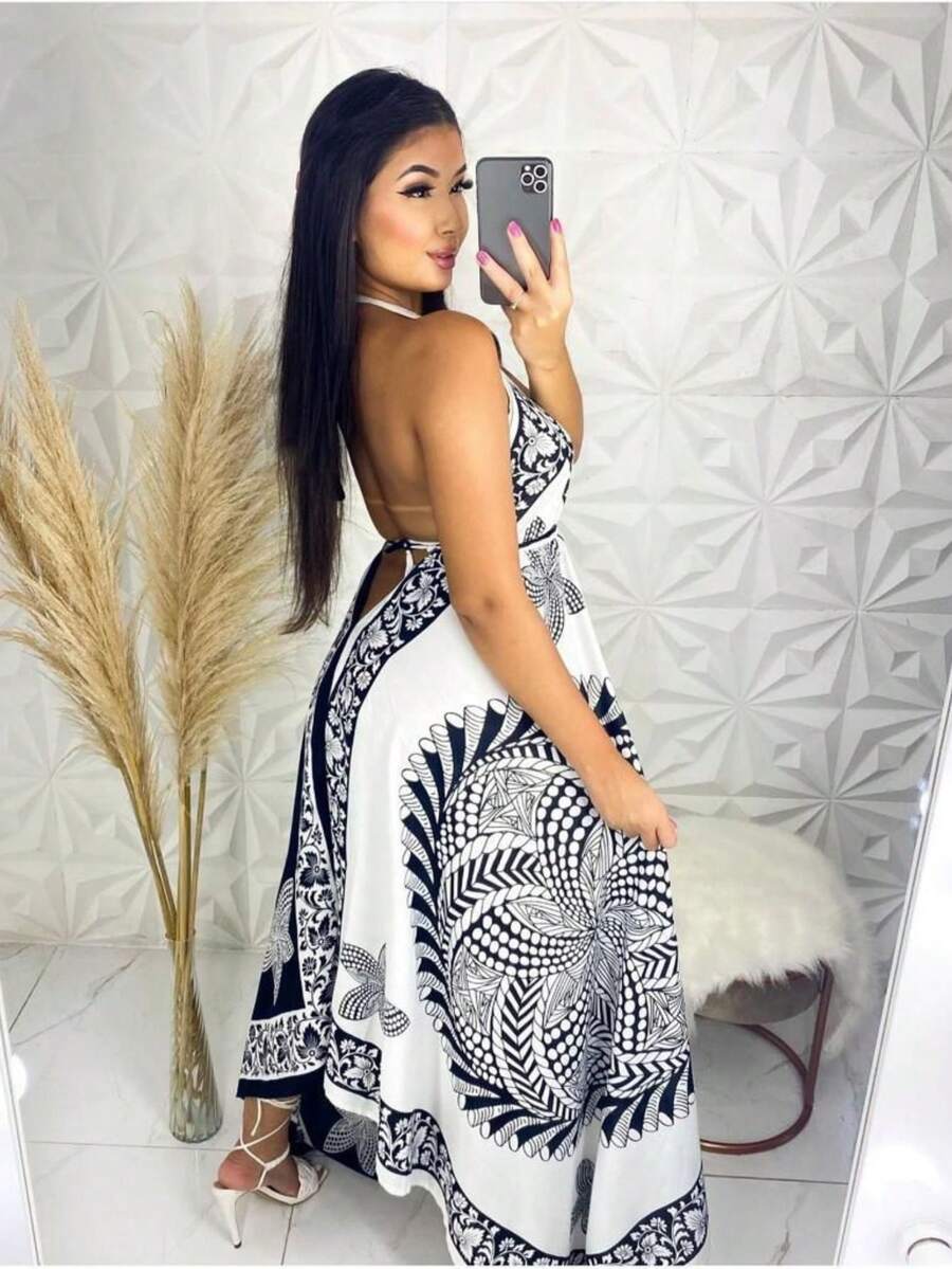 Linco Dress Color Block All-Over Print Floral Boho Chic Casual Backless Knot Asymmetrical Holiday Dress - 黑與白 - 查看 1