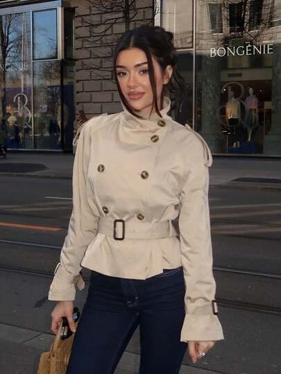 Abrigo corto de trinchera de mujer de doble botonadura con tirantes, color caqui, con cinturón en la cintura, estilo británico de oficina y uso diario, para otoño e invierno