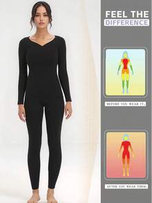 2 Sete Women's Solid Color High Elastic Thermal Underwear, Underwear Pajama Set, Cold Weather Close-Fitting Underwear Winter Underwear Winter Warmth, Wool Lined Thermal Underwear Set - 彩色 - 查看 4