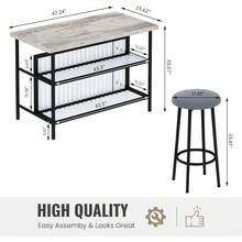 3 Pieces Kitchen Island Set With 2 Bar Stools, Modern & Contemporary Style Dining Room Table And Chairs Set With 2-Tier Storage Shelves, Counter Height Bar Table Set For 2, 3 PCS Kitchen Table Set With 2 Chairs For Kitchen, Dining Room, Restaurant - Màu xám phong hóa - Xem 7