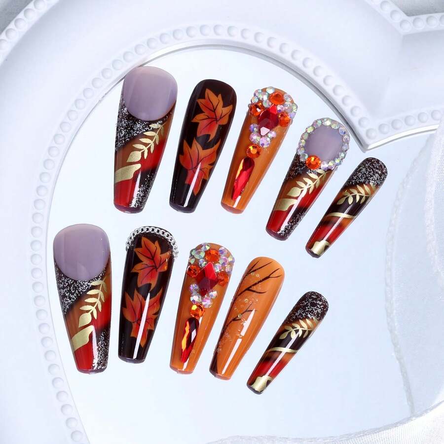 24 PCS Luxury Handmade Press On Nails Long Coffin Fake Nails With Rhinestones Designs Glitter Fall Leaves Press On Y2k False Nails Autumn With Maple Leaf Stick On Nails Thanksgiving For Women DIY,17114395 - 駝色 - 查看 1