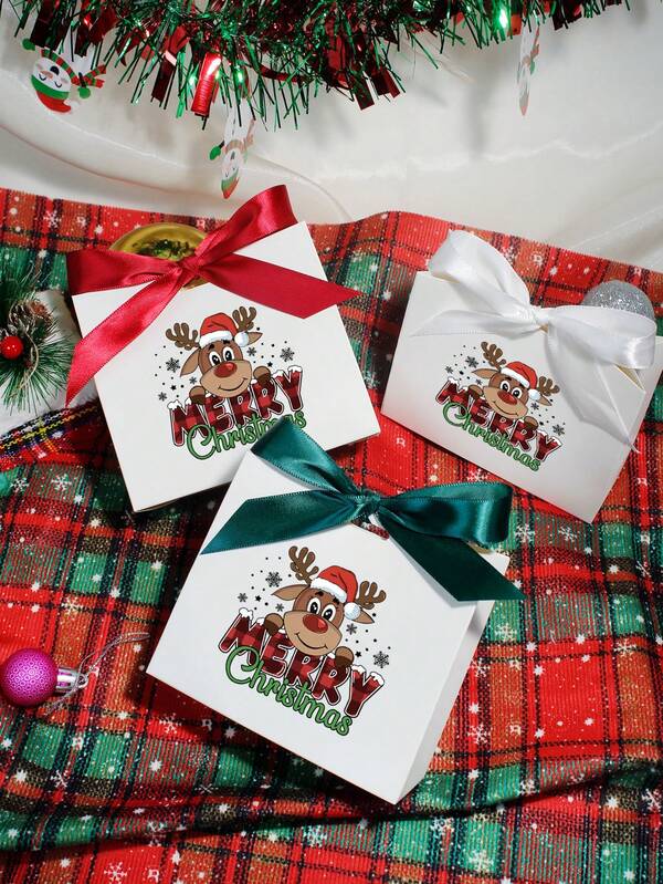 5/20pcs Christmas Reindeer Favor Gift Boxes With Ribbons, Cute Santa Elk Design, Holiday Party Candy Treat Packaging, White Cardboard Decorative Boxes For Xmas Celebrations
