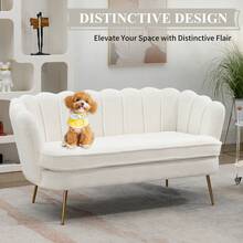 59" Wide Loveseat Sofa, Boucle/Chenille Upholstered Small Couch With Petal-Shaped Design, Modern Leisure Sofa With Gold Metal Legs, Mini Room Couch For Bedroom, Apartment - Ivory-Boucle - 查看 3