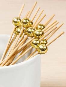 200/100/50/10 pièces Piques à fruits en perle d'or, brochettes en bambou pour gâteau, piques à fleurs en perle d'or, brochettes à fruits, cure-dents d'art créatifs, bâtonnets de bambou de décoration, fourchettes d'art pour gâteaux et hamburgers, convenant pour la décoration de boissons et les piques à desserts (anniversaire, fournitures de fête de mariage, cuisine, restaurant), cadeau de Noël