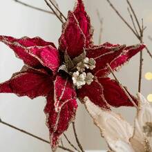 1PC Velvet Sparkling Sequin Artificial Christmas Flowers - Ideal For DIY Tree Ornaments & Wreath Holiday Centerpiece Decorations, Luxurious Style, No Power Needed, Perfect For Weddings, New Year & General Holidays Celebrations, Christmas Garland Decor, Made Of Velvet Home Decor Christmas Decorations Room Decor