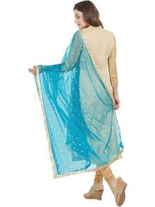 Woman's Embellished Net Dupatta Scarf Shawl Wrap Soft Bridal Wedding - 道奇藍 - 查看 1