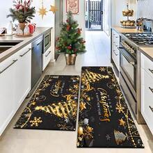 Paillasson thème noir et or de Noël avec design d'arbre de Noël et couronne de renne - résistant à la saleté, léger, convient pour la salle de bain, le salon, la chambre, la cuisine, le bureau - décoration de Noël