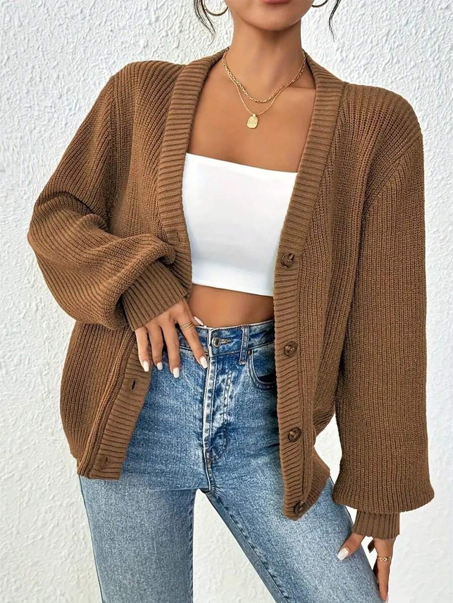 Women's Sweater - Simple Casual Front Button Design Soft Cardigan, Emerald Green Casual Fashion Sweater Ribbed Knitted, A Must-Have For All Seasons, Loose And Comfortable Fabric Long-Sleeved Top, V-Neck Design Front Button Breathable Material, Elegant Style For Daily Office Wear - 駝色 - 查看 1