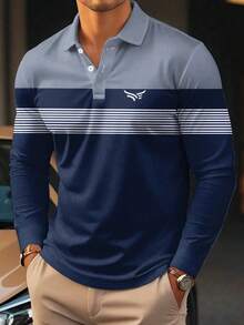 Men's Blue Striped 3D Digital Print Long Sleeve Shirt - Casual Comfortable Fit, Quarter Button Collar, Suitable For Business And Home Use, Machine Washable Polyester Fiber - Mixed Colors - View 1