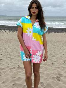 1pc Printed 7/8 Pants Surfing Hooded Cloak Changing Robe, Quick Dry Super Soft Fiber Wetsuit Changing Towel With Pocket, Suitable For Women Surfers - Multicolor - View 3