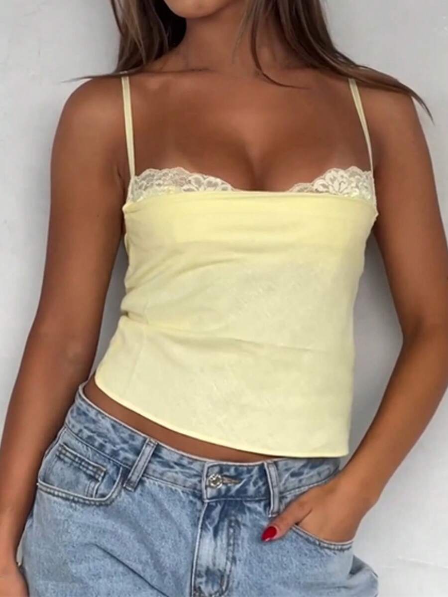 Cream Yellow Lace Patchwork Camisole Women's Top, Solid Color, Fashion, Suitable For Summer, Valentine's Day - Yellow - View 1