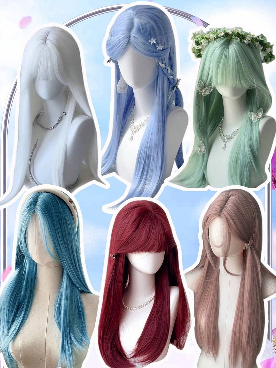 长直中分蓝灰粉色假发合成假发刘海洛丽塔角色扮演万圣节自然波浪发女士假发耐热假发日常佩戴 24 英寸 - 彩色 - 查看 1
