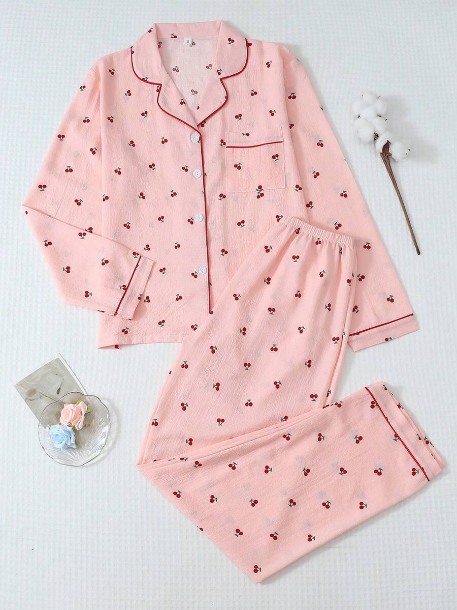 طقم بيجامة مطبوع بالكرز 2 قطعة، ملابس علوية بياقة وأزرار طويل الأكمام وبنطلون، ملابس نوم وملابس منزلية للنساء، مناسبة للخريف/الشتاء
