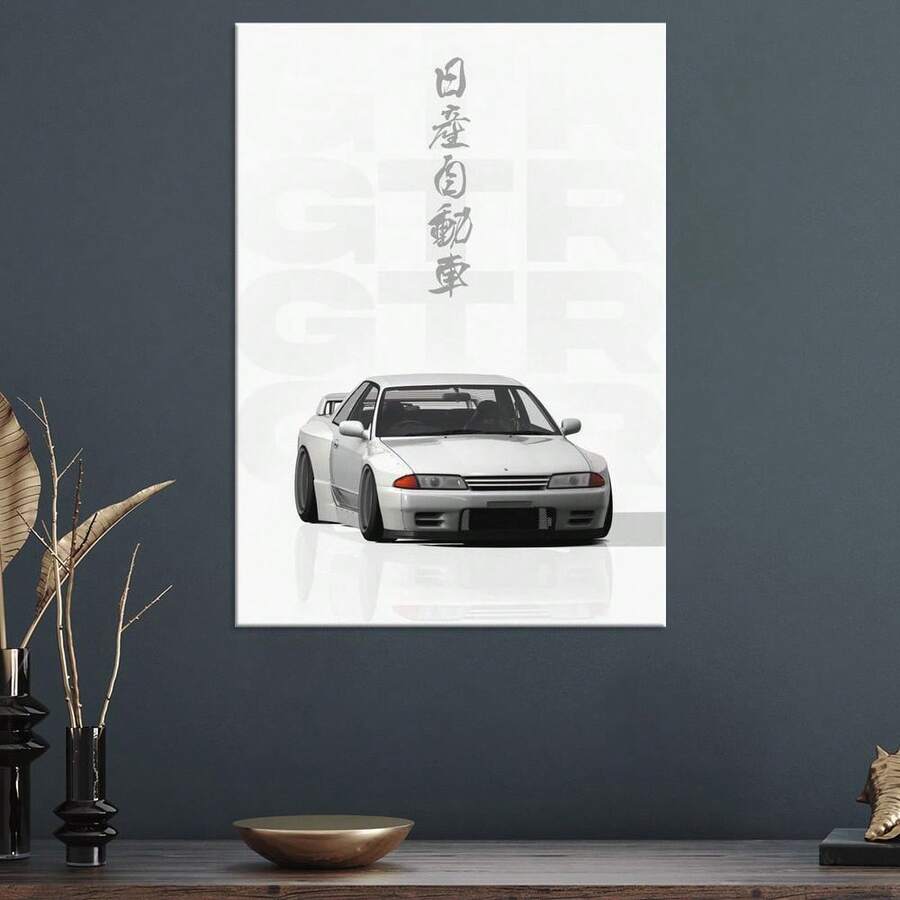 1pc Minimalist Racing Car Wall Art - Frameless Canvas Print With Japanese Text, Black & White Supercar Posters, Vintage Automotive Art For Living Room, Bedroom, Office Decor - Modern Home Decoration
