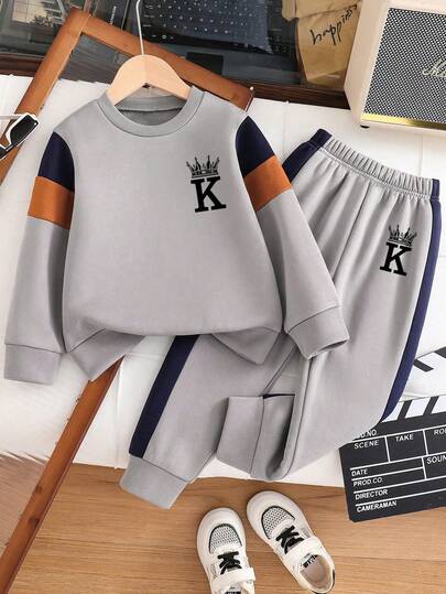 Tween Boy Letter Print Colorblock Warm Crew Neck Sweatshirt And Pants Set