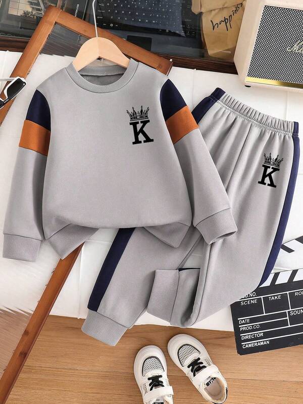Tween Boy Letter Print Colorblock Warm Crew Neck Sweatshirt And Pants Set
