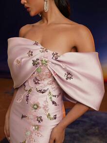 Anymoon Luxury Off Shoulder Sequin Floral Applique Mermaid Long Evening Dress - Bụi hồng - Xem 7