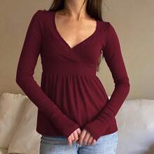 Awevudst Womens Rib Knitted Lace Trim Wrap V Neck Long Sleeve Peplum Tops Slim Fit Fairycore T-Shirts Harajuku Vintage Clothes Y2K Streetwear Blouse Tee Tops Casual Going Out Tops - 酒紅色 - 查看 4