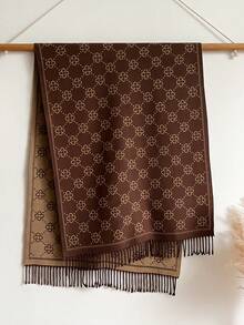 1 chiếc khăn choàng cổ len Jacquard giả cashmere tối giản họa tiết cỏ bốn lá dành cho nữ, phong cách Bohemian, đa năng cho mùa thu/đông, thích hợp để phối đồ hàng ngày, ngoài trời, du lịch cho trang phục - màu nâu - Xem 4